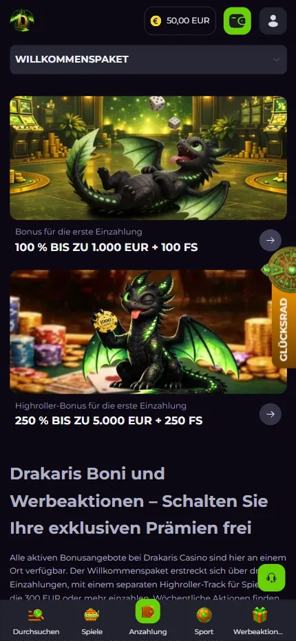 Drakaris Aktionsseite mit Bonus für die erste Einzahlung